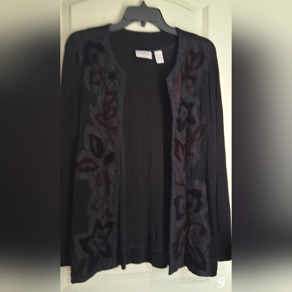 Chicos Travelers Knit Open Jacket 2 Black w Brown Velvet & Lace Applique Elegant